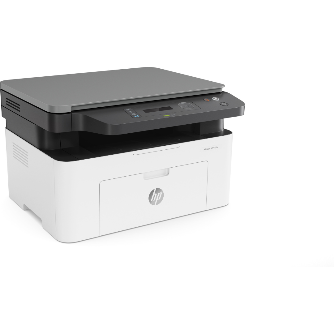 Side view of HP Laser MFP 135W showing compact desktop design

