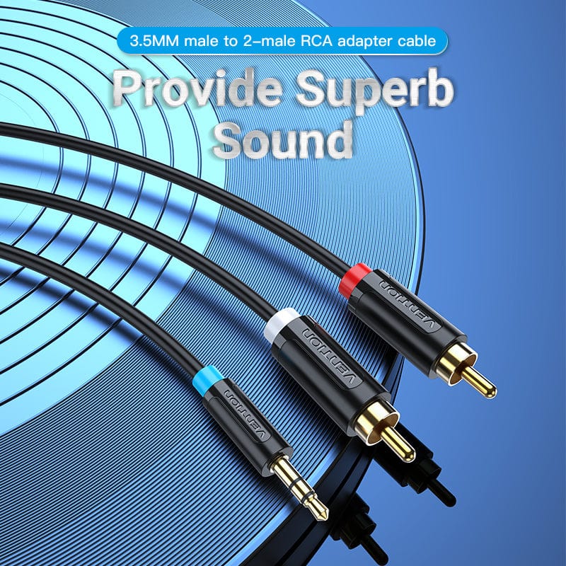 Durable 3.5mm to 2-Male RCA audio adapter cable black
