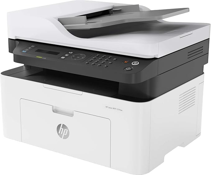 Side view of HP Laser MFP 137FNW showing compact desktop design
