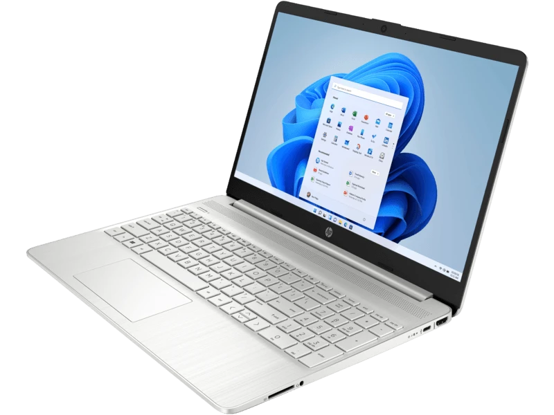 HP 15s silver laptop with Windows 11 and backlit keyboard
