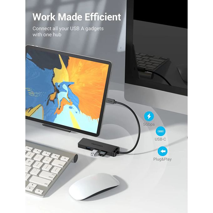 Black Vention USB 3.0 hub with 4 ports and 0.5M cable
