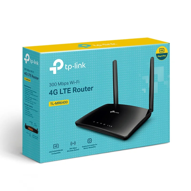 TP-Link TL-MR6400 router with 4G LTE and Ethernet ports
