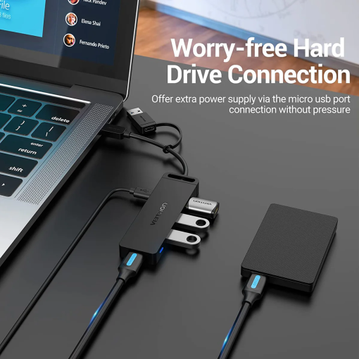 USB hub with Type-C and USB 3.0 ports for laptops
