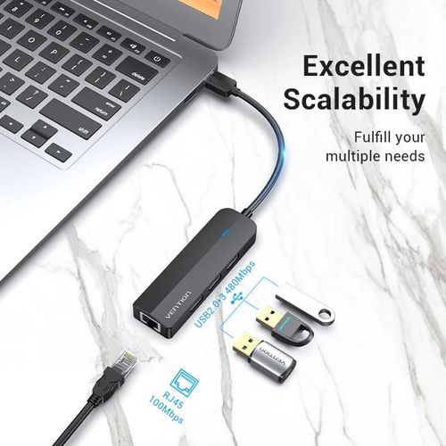 Black Vention USB 2.0 hub with Ethernet and 0.15M cable 