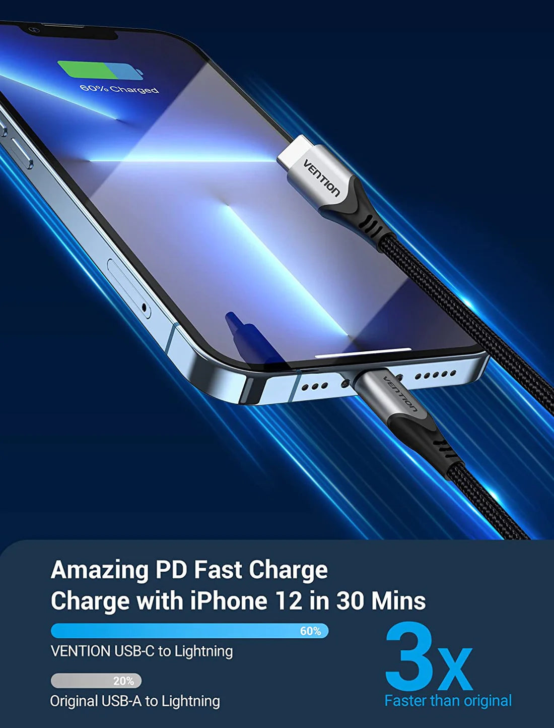 Durable Vention Lightning Cable 1.5M for iPhone
