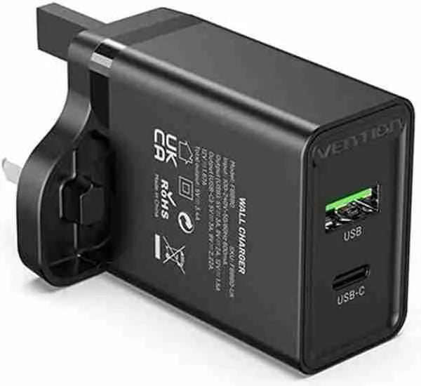 Vention Two-Port USB Wall Charger 18W+18W UK Plug Black