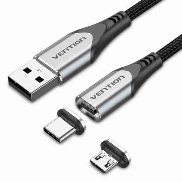 Vention USB 2.0 A to 2-in-1 Micro-B & USB-C Magnetic Cable 1M Gray